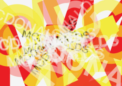 Here is the word Mcdonalds in Helvetica typography. In the colours white, red, black and yellow. The typography is a variety of different sizes and also different transparency effects . This design is for a zine named Discarded .